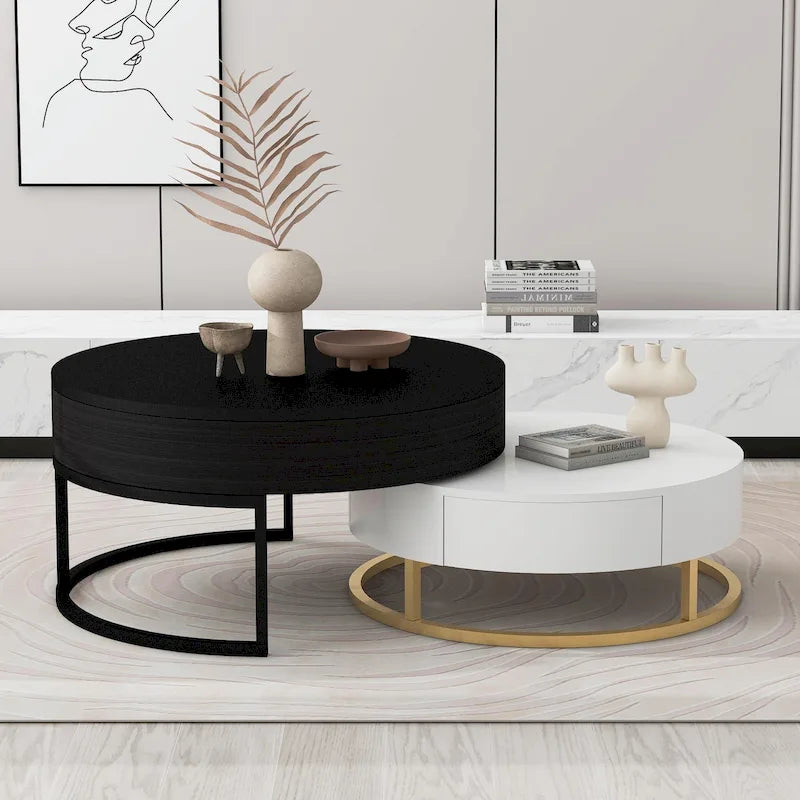 Tables basses gigognes rondes modernes à plateau relevable avec 2 tiroirs