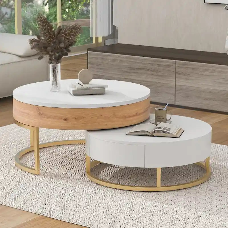 Tables basses gigognes rondes modernes à plateau relevable avec 2 tiroirs