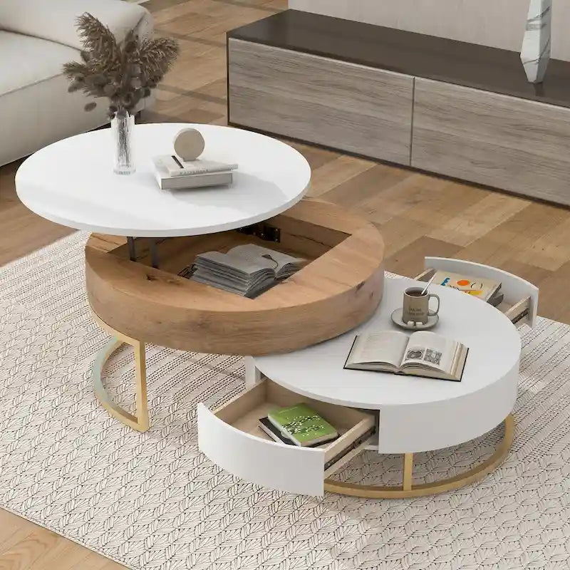 Tables basses gigognes rondes modernes à plateau relevable avec 2 tiroirs