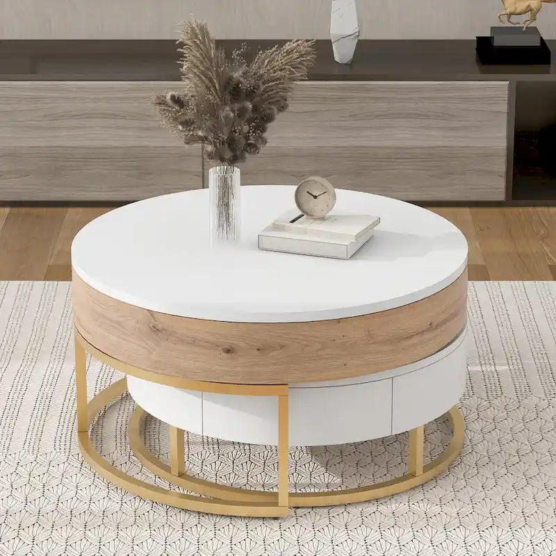 Tables basses gigognes rondes modernes à plateau relevable avec 2 tiroirs