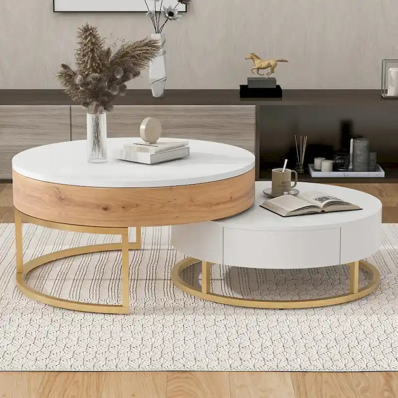 Tables basses gigognes rondes modernes à plateau relevable avec 2 tiroirs