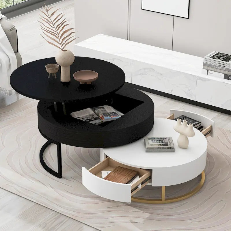 Tables basses gigognes rondes modernes à plateau relevable avec 2 tiroirs