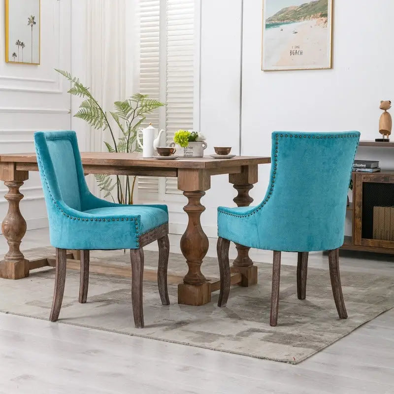 Lot de 2 chaises de salle à manger vintage style campagnard français – Revêtement en lin et garniture cloutée
