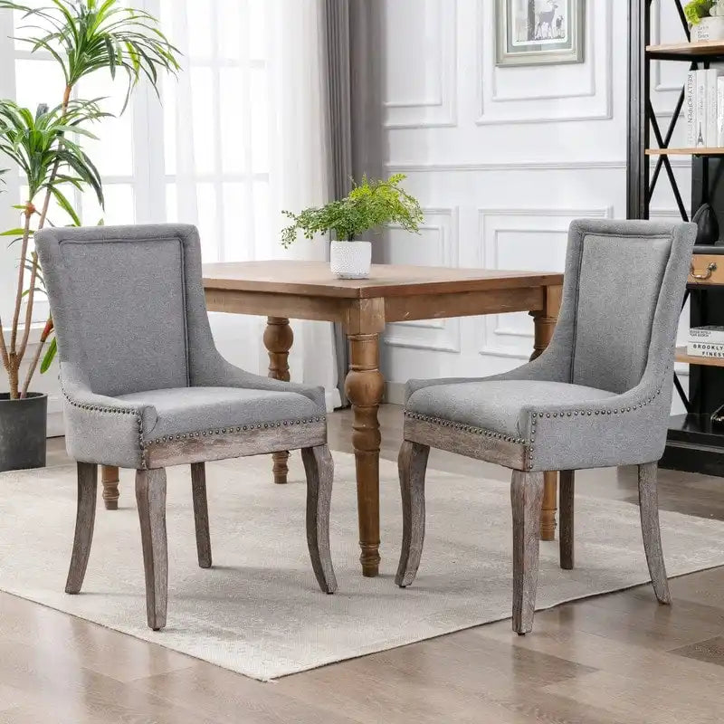 Lot de 2 chaises de salle à manger vintage style campagnard français – Revêtement en lin et garniture cloutée