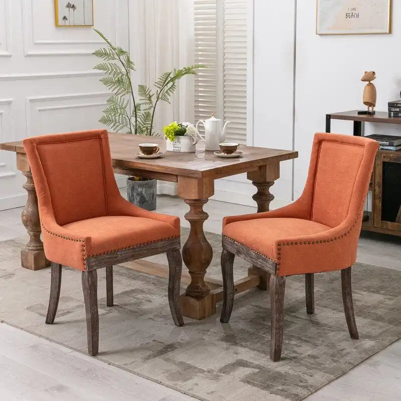 Lot de 2 chaises de salle à manger vintage style campagnard français – Revêtement en lin et garniture cloutée