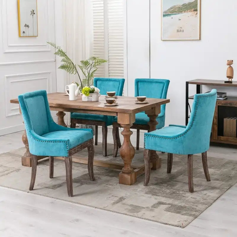 Lot de 2 chaises de salle à manger vintage style campagnard français – Revêtement en lin et garniture cloutée
