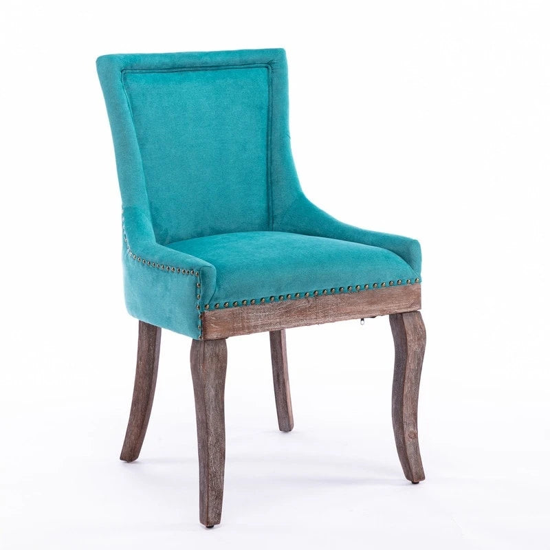 Lot de 2 chaises de salle à manger vintage style campagnard français – Revêtement en lin et garniture cloutée