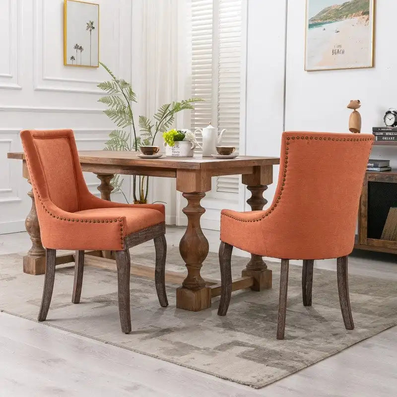 Lot de 2 chaises de salle à manger vintage style campagnard français – Revêtement en lin et garniture cloutée