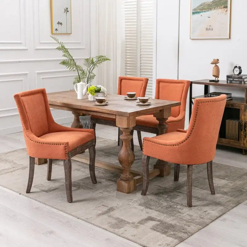Lot de 2 chaises de salle à manger vintage style campagnard français – Revêtement en lin et garniture cloutée