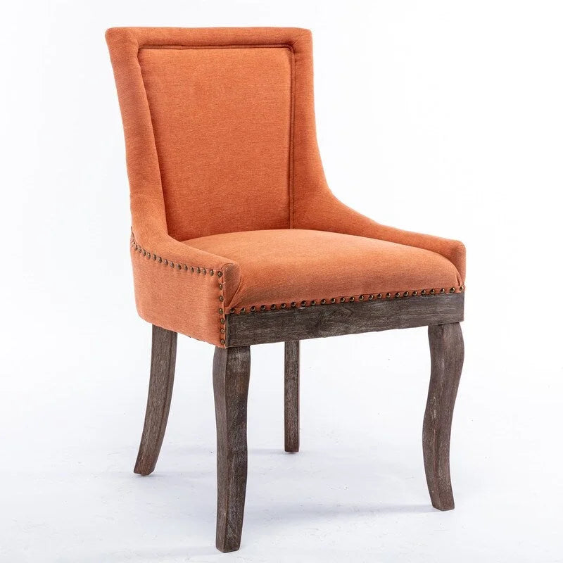 Lot de 2 chaises de salle à manger vintage style campagnard français – Revêtement en lin et garniture cloutée