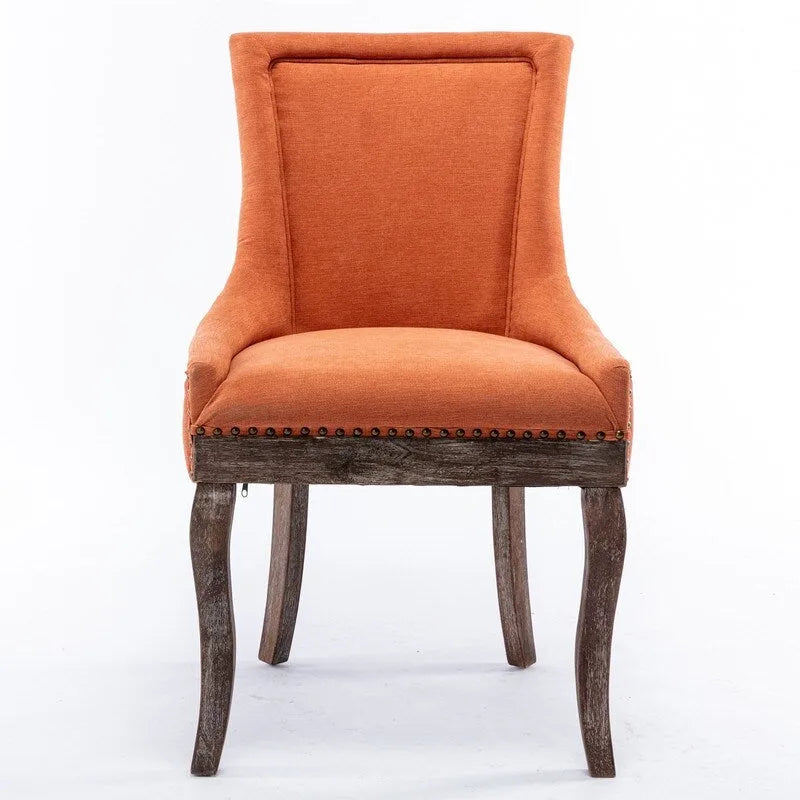 Lot de 2 chaises de salle à manger vintage style campagnard français – Revêtement en lin et garniture cloutée