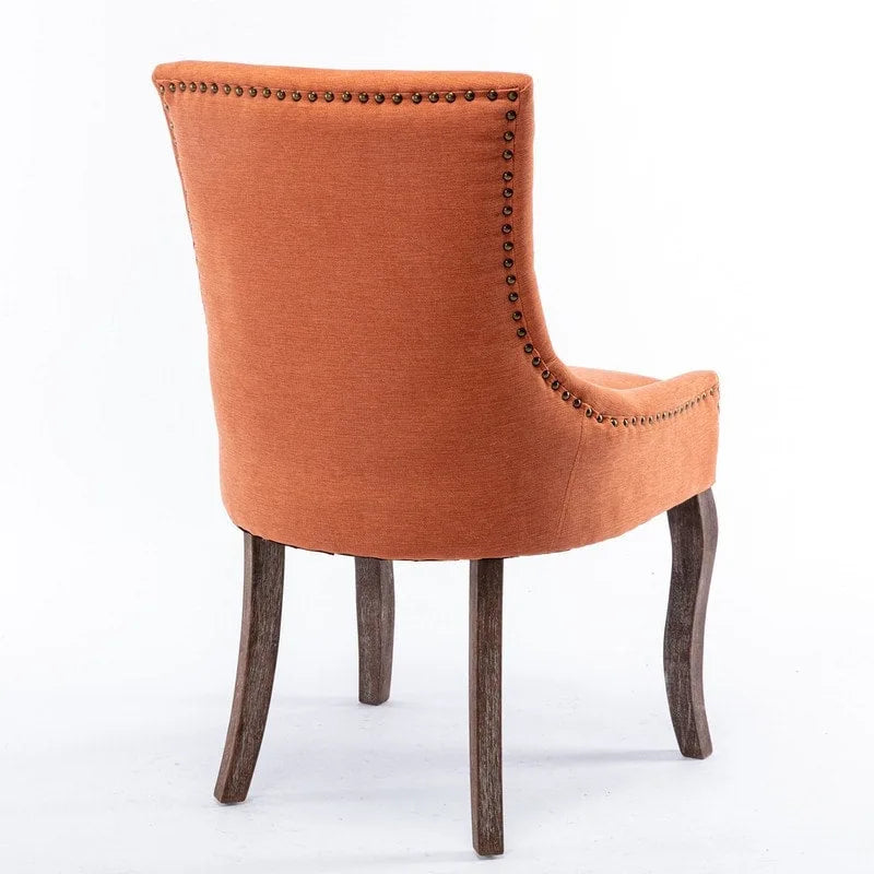 Lot de 2 chaises de salle à manger vintage style campagnard français – Revêtement en lin et garniture cloutée