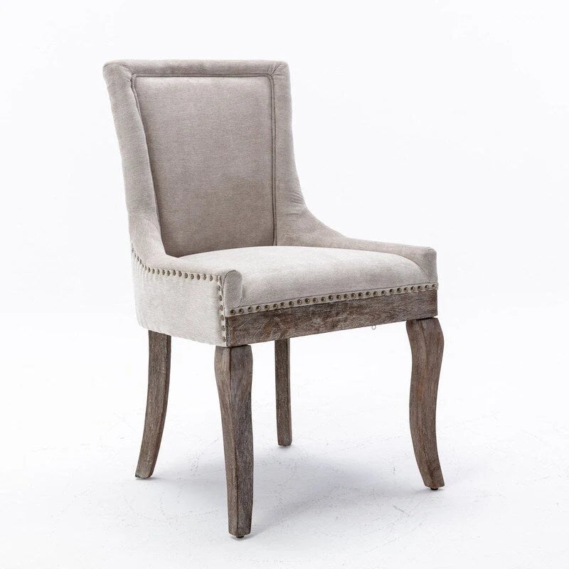 Lot de 2 chaises de salle à manger vintage style campagnard français – Revêtement en lin et garniture cloutée