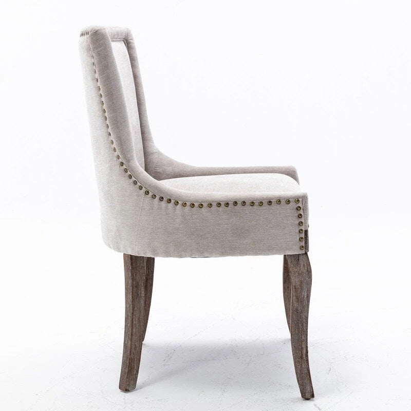 Lot de 2 chaises de salle à manger vintage style campagnard français – Revêtement en lin et garniture cloutée