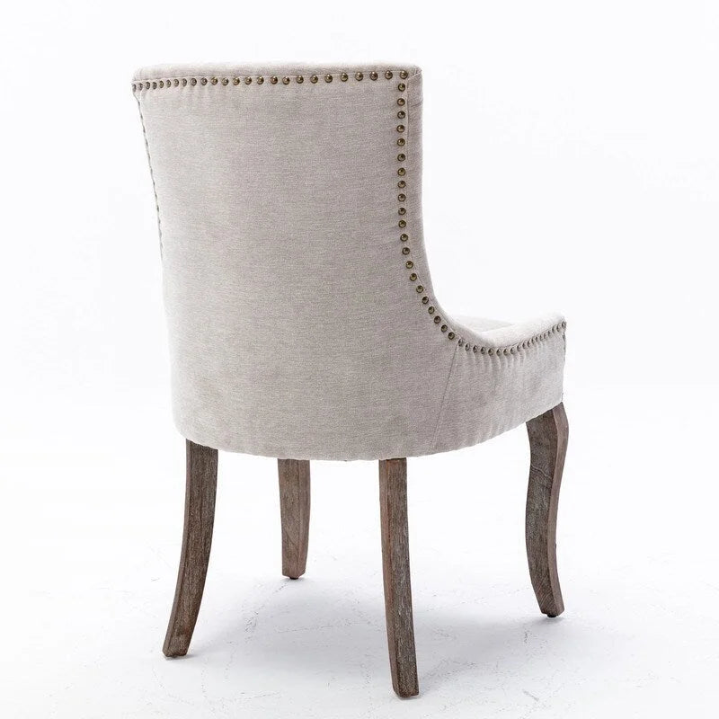 Lot de 2 chaises de salle à manger vintage style campagnard français – Revêtement en lin et garniture cloutée