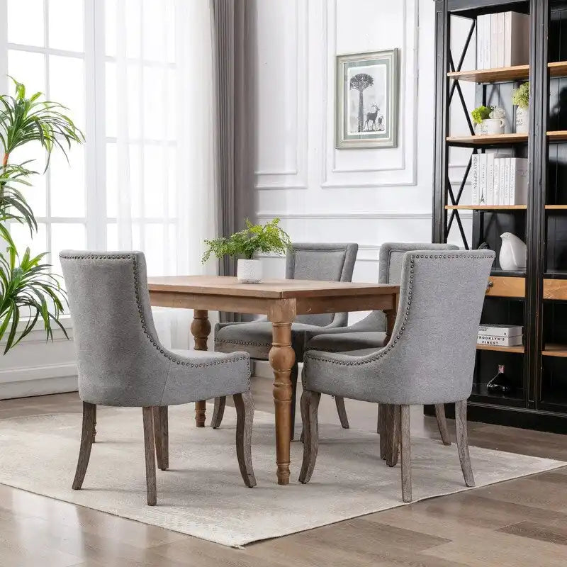 Lot de 2 chaises de salle à manger vintage style campagnard français – Revêtement en lin et garniture cloutée