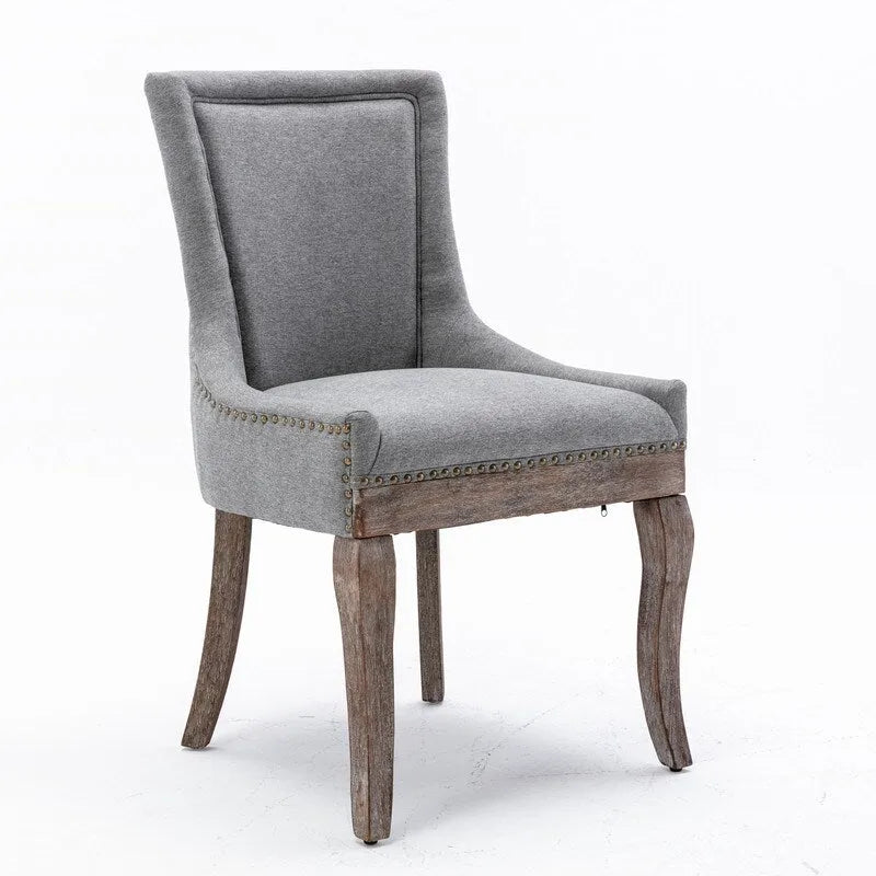 Lot de 2 chaises de salle à manger vintage style campagnard français – Revêtement en lin et garniture cloutée