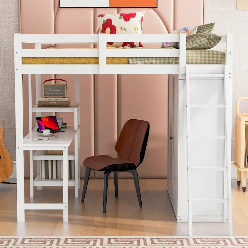 Lit mezzanine Merax avec armoire, bureau et étagères
