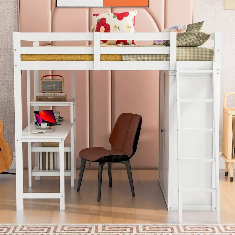 Lit mezzanine Merax avec armoire, bureau et étagères