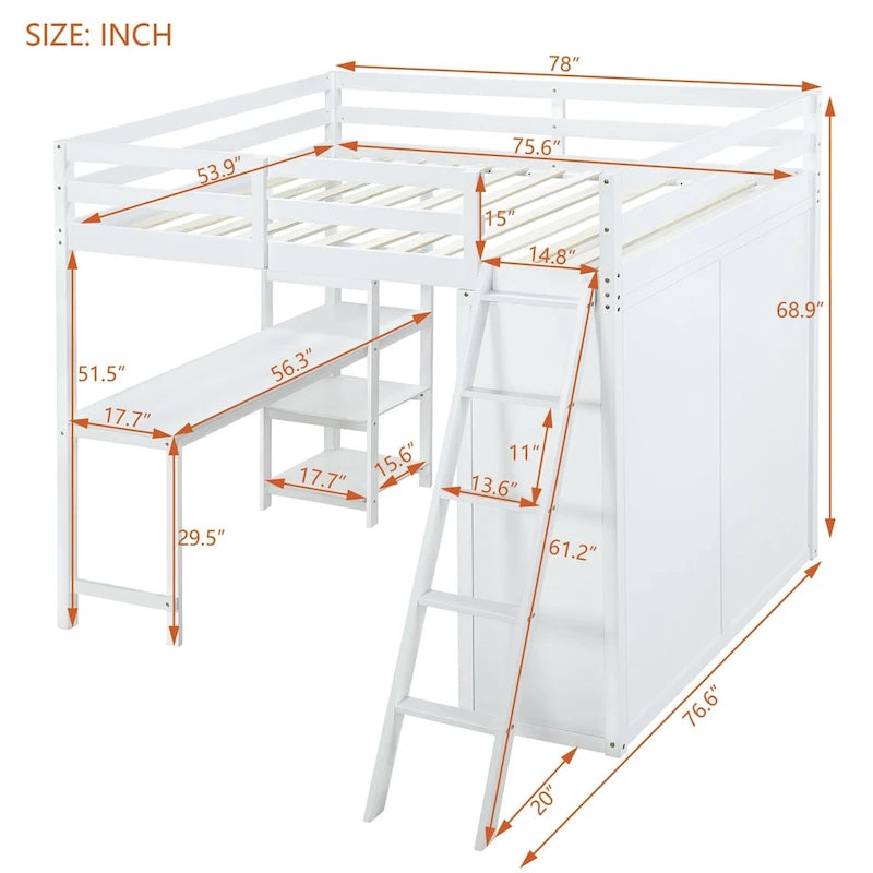 Lit mezzanine Merax avec armoire, bureau et étagères