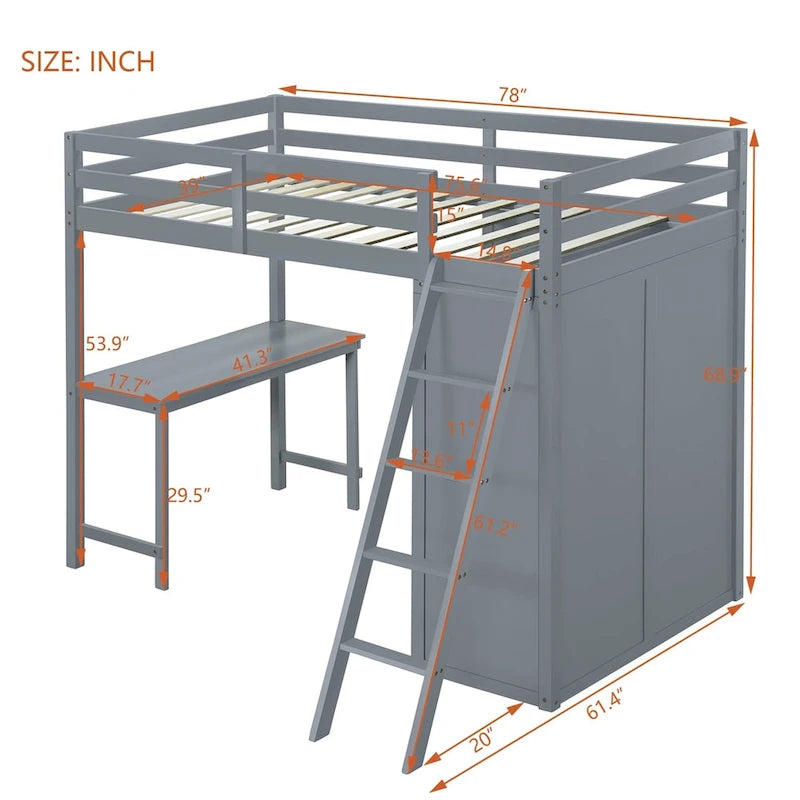 Lit mezzanine Merax avec armoire, bureau et étagères