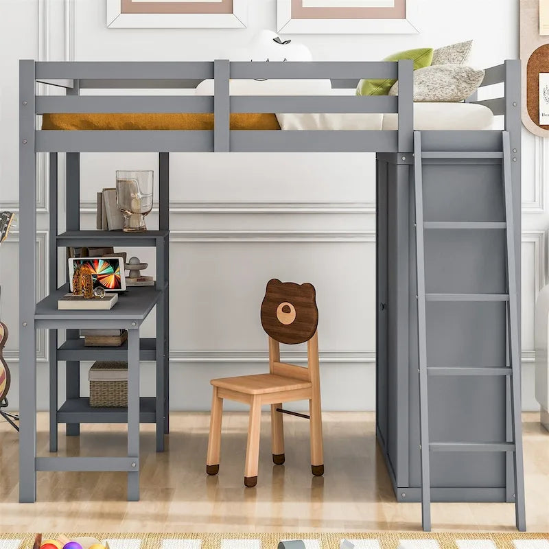 Lit mezzanine Merax avec armoire, bureau et étagères