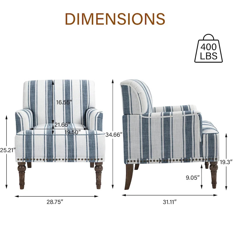 Lot de 2 fauteuils d'appoint traditionnels rembourrés à rayures pour le salon