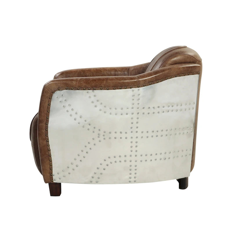 Fauteuil Rétro en Cuir pleine fleur Marron – Détails Aluminium et Clous