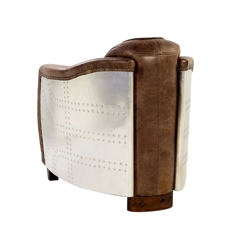 Fauteuil Rétro en Cuir pleine fleur Marron – Détails Aluminium et Clous