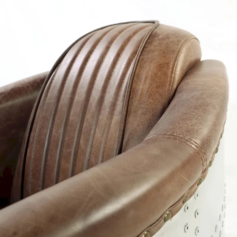 Fauteuil Rétro en Cuir pleine fleur Marron – Détails Aluminium et Clous