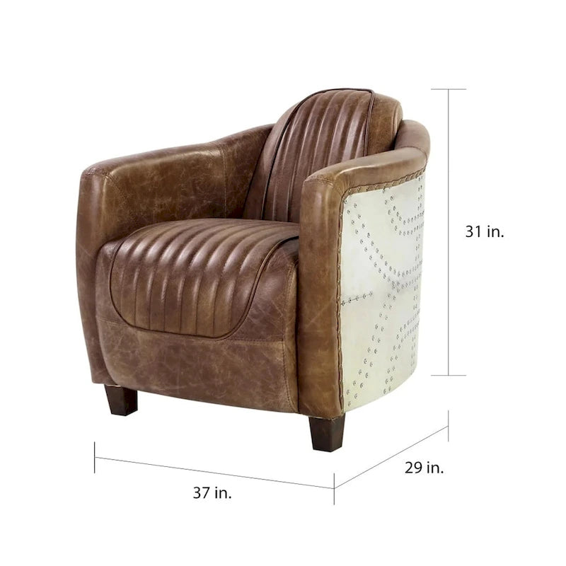 Fauteuil Rétro en Cuir pleine fleur Marron – Détails Aluminium et Clous