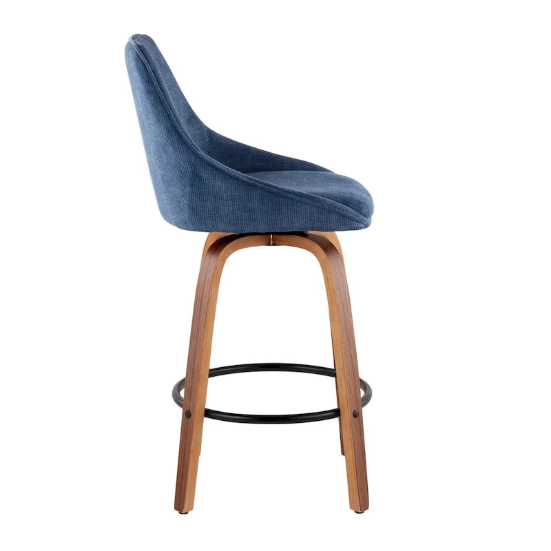 Lot de 2 tabourets de bar en velours côtelé – Pieds en noyer et repose-pieds rond noir