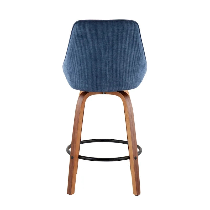 Lot de 2 tabourets de bar en velours côtelé – Pieds en noyer et repose-pieds rond noir