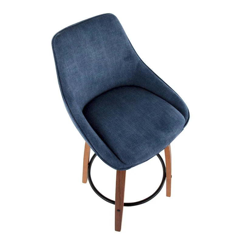 Lot de 2 tabourets de bar en velours côtelé – Pieds en noyer et repose-pieds rond noir