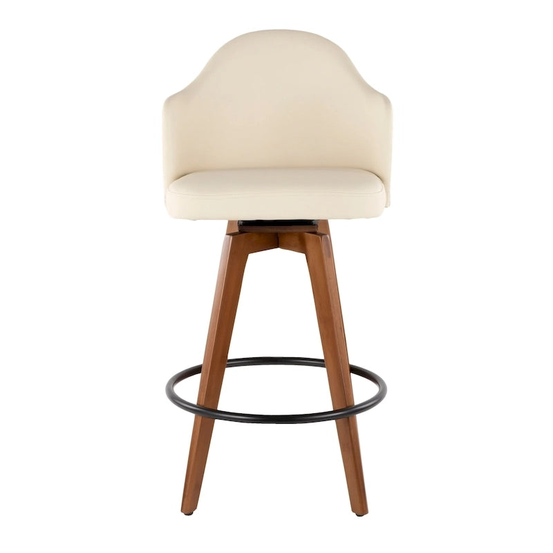 Tabouret de bar Mid-Century Modern – Structure en noyer, similicuir et clous décoratifs