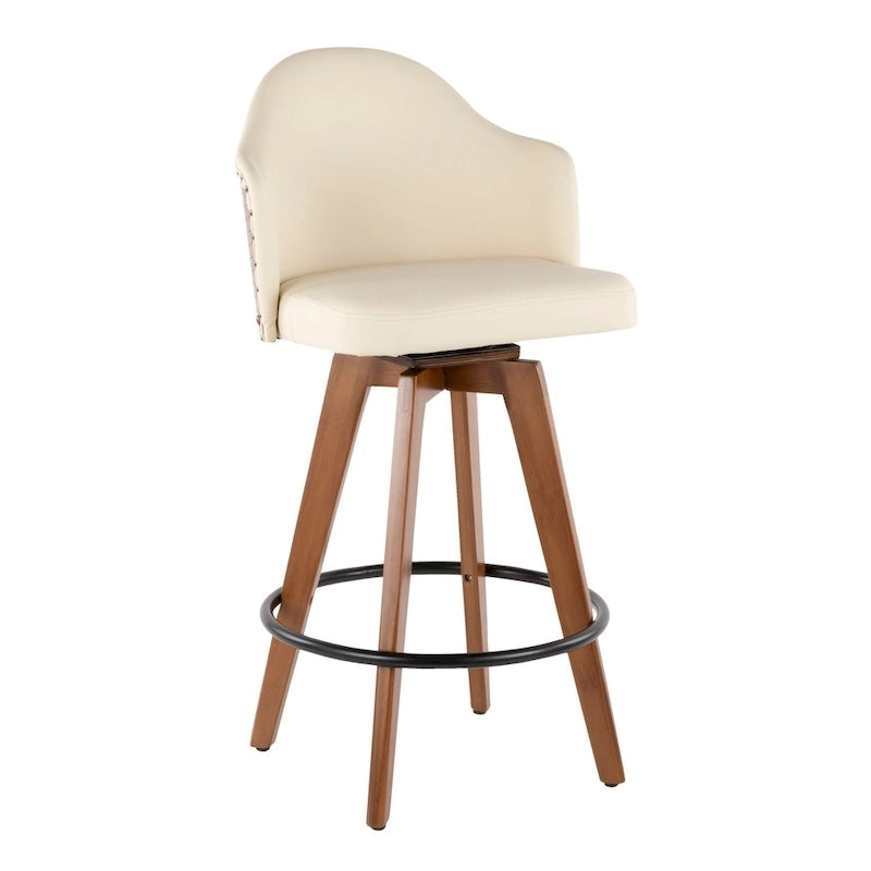 Tabouret de bar Mid-Century Modern – Structure en noyer, similicuir et clous décoratifs