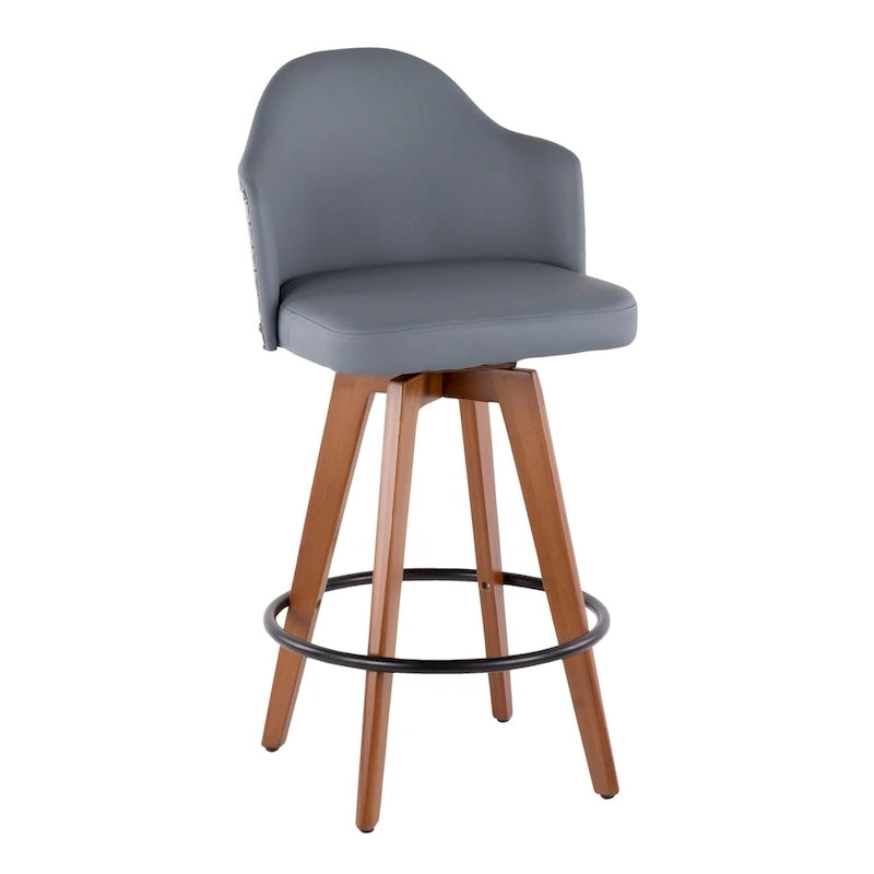 Tabouret de bar Mid-Century Modern – Structure en noyer, similicuir et clous décoratifs