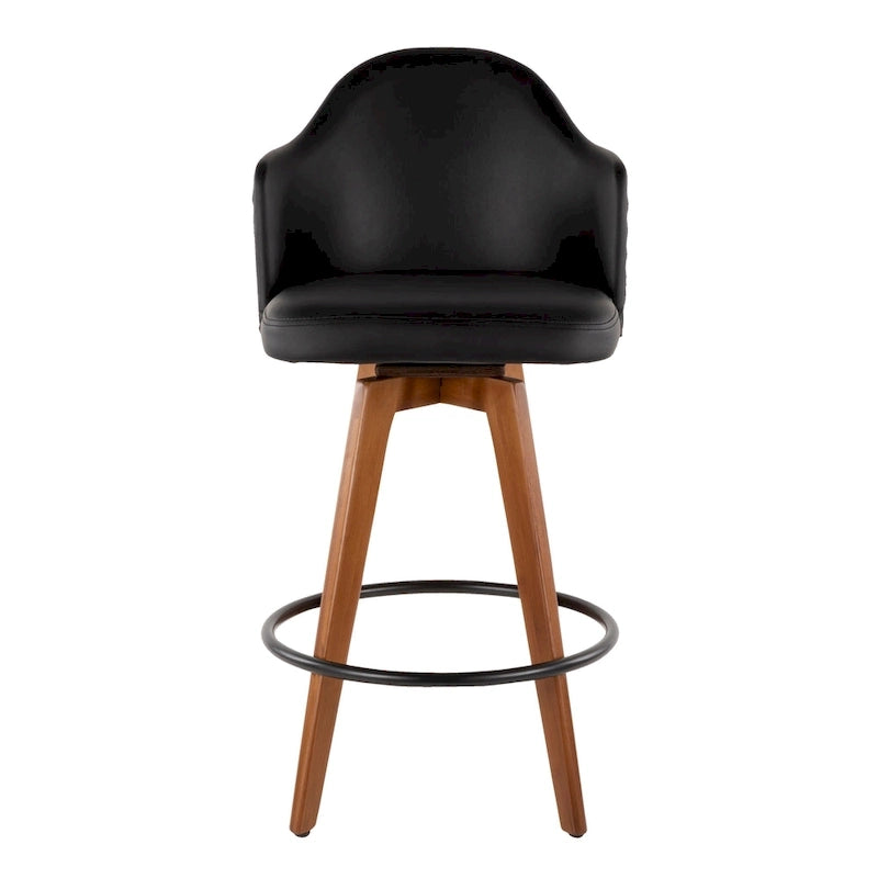 Tabouret de bar Mid-Century Modern – Structure en noyer, similicuir et clous décoratifs