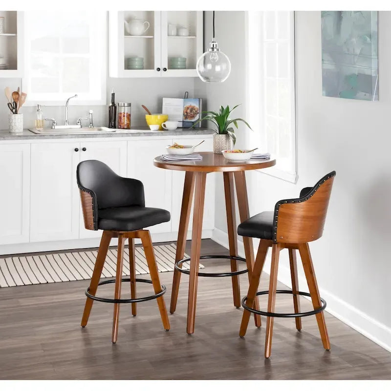 Tabouret de bar Mid-Century Modern – Structure en noyer, similicuir et clous décoratifs