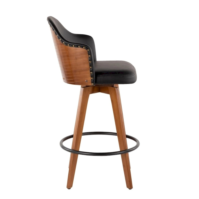 Tabouret de bar Mid-Century Modern – Structure en noyer, similicuir et clous décoratifs