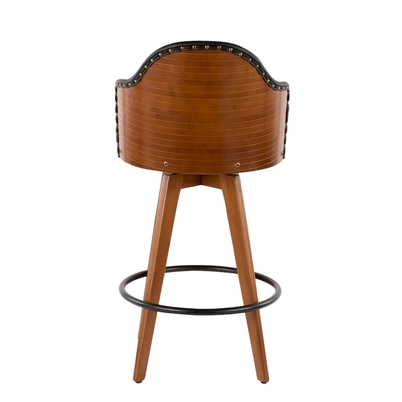 Tabouret de bar Mid-Century Modern – Structure en noyer, similicuir et clous décoratifs