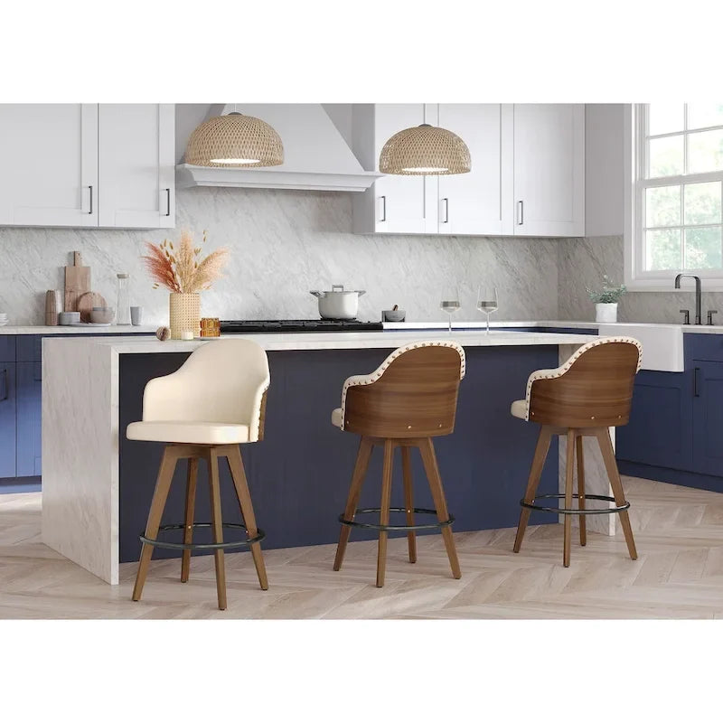 Tabouret de bar Mid-Century Modern – Structure en noyer, similicuir et clous décoratifs