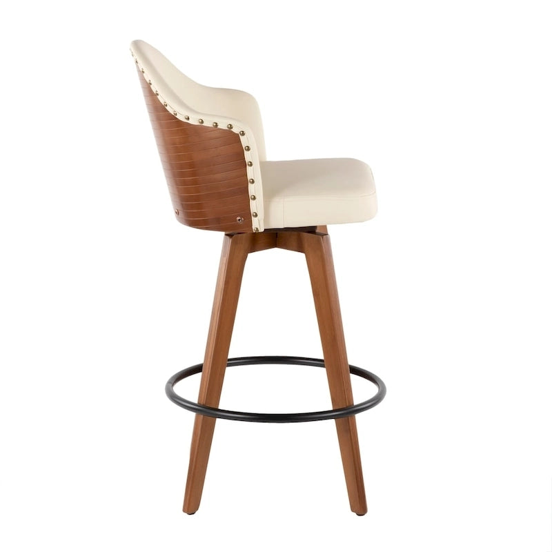 Tabouret de bar Mid-Century Modern – Structure en noyer, similicuir et clous décoratifs