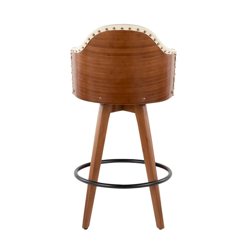 Tabouret de bar Mid-Century Modern – Structure en noyer, similicuir et clous décoratifs