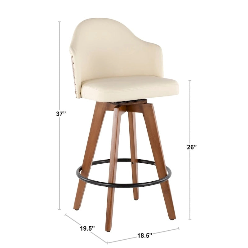 Tabouret de bar Mid-Century Modern – Structure en noyer, similicuir et clous décoratifs