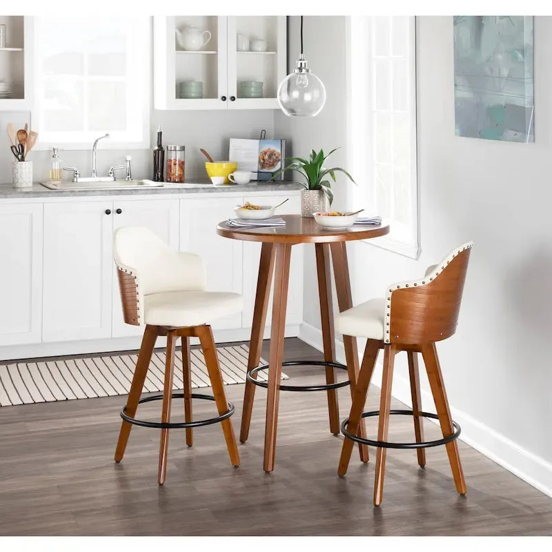 Tabouret de bar Mid-Century Modern – Structure en noyer, similicuir et clous décoratifs