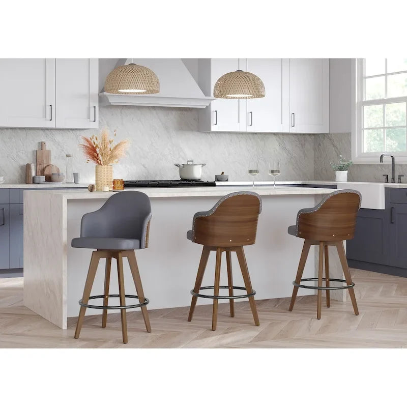 Tabouret de bar Mid-Century Modern – Structure en noyer, similicuir et clous décoratifs