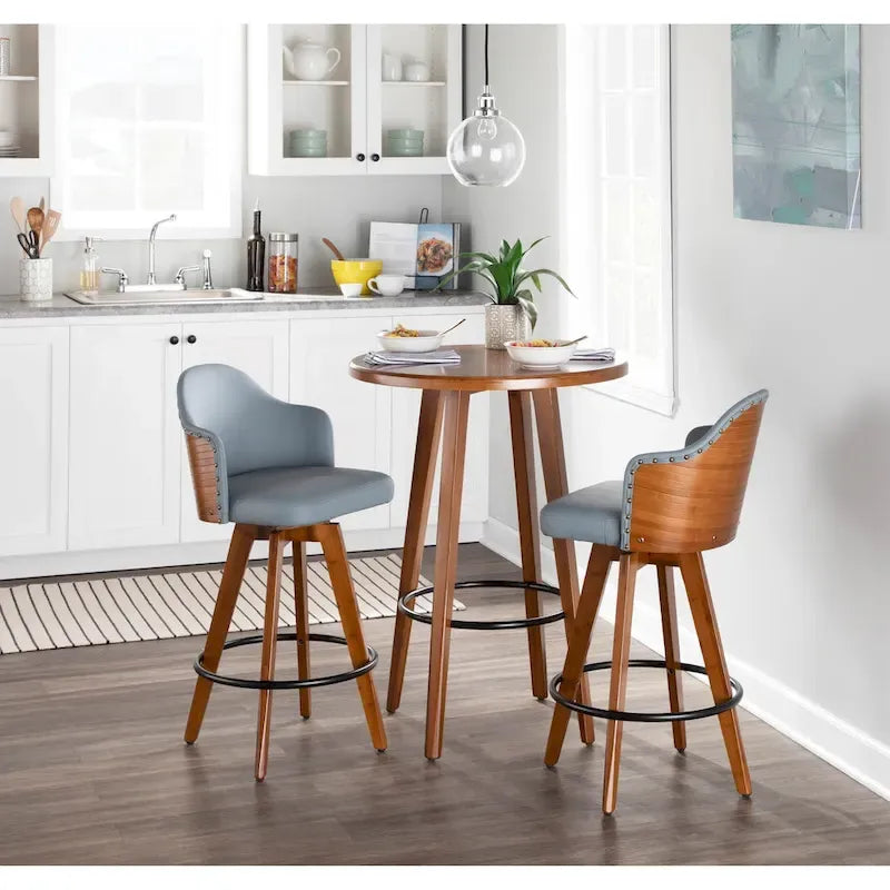 Tabouret de bar Mid-Century Modern – Structure en noyer, similicuir et clous décoratifs