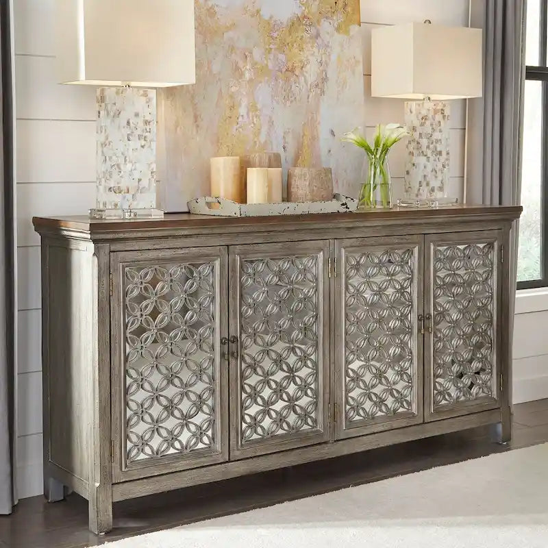 Meuble d'appoint 4 portes avec miroirs gris brossé – Eucalyptus et frêne de 72 po