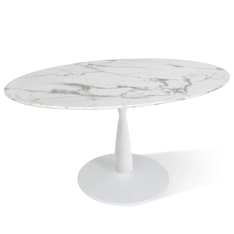 Table à manger sur pied ovale avec plateau en faux marbre blanc